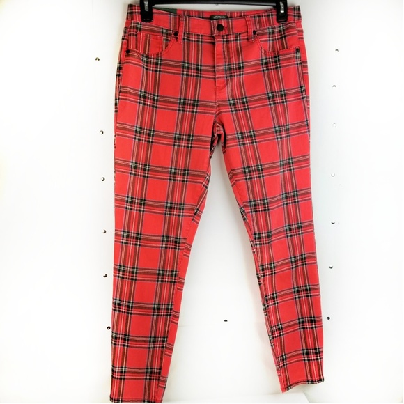 red plaid skinny jeans womens